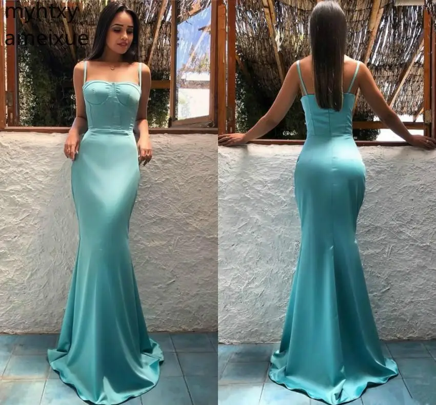 

2023 Mermaid Blue-green Sexy Robe Evening Dress Arabic Style Strap Long Holiday Wear Event Prom Party Gown Custom Made Plus Size