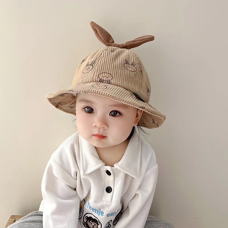 

Rabbit Ears Baby Bucket Hat Spring Autumn Infant Corduroy Fisherman Cap Cute Cartoon Bunny Print Kids Panama Sun Hats