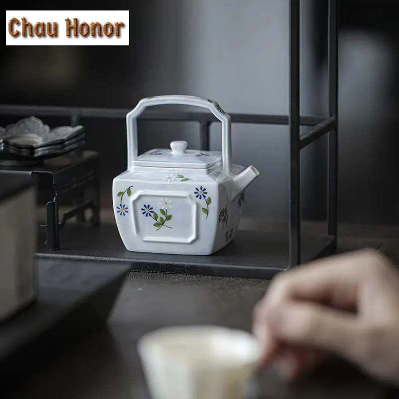180ML Hand-painted Small Daisy Lifting Beam Teapot Zen Square Pot Tea Brewing Kettle with Infuser Teaset Equipment Collection