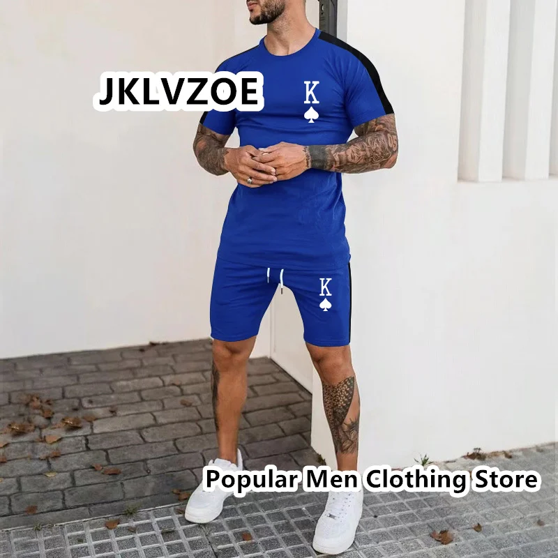 Summer Men's Suit Short Sleeve T-Shirt Suit Print Solid Color 3D Sportswear 2 Pieces Outfit Casual Male Oversized Clothing