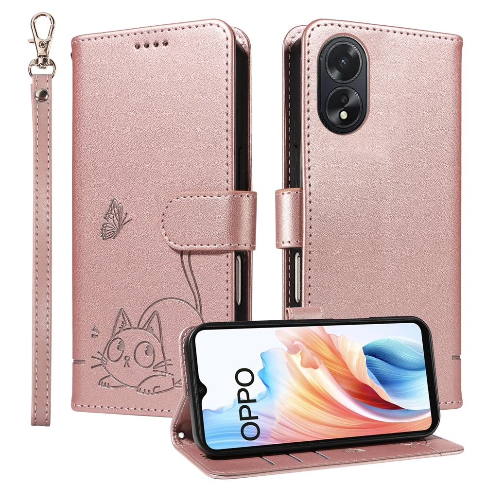 Magnetic Wallet Flip Leather Case with Cat and Butterfly Embossed Design