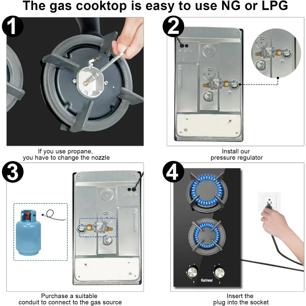 Gas Cooktop 2 Burner Propane Cooktop, 12 Inch LPG/NG Dual Fuel Gas Stove Top, Built-in Tempered Glass Gas Cooktop for Apartment 4