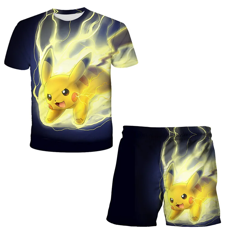 

Cute Pikachu printed children's short sleeved set summer casual T-shirt shorts 2-piece set for boys and girls cartoon kids cloth