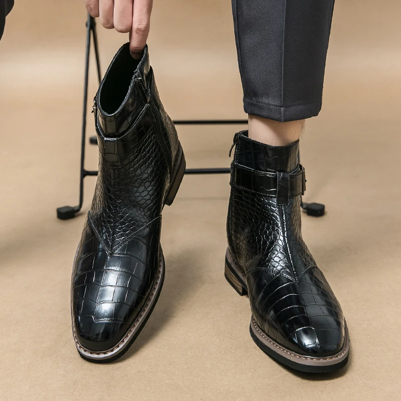 High End Banquet Formal Boots Winter Ankle Boots Men's Business Shoes Pointed Men's Genuine Leather Shoes Retro Brown Size:38-46