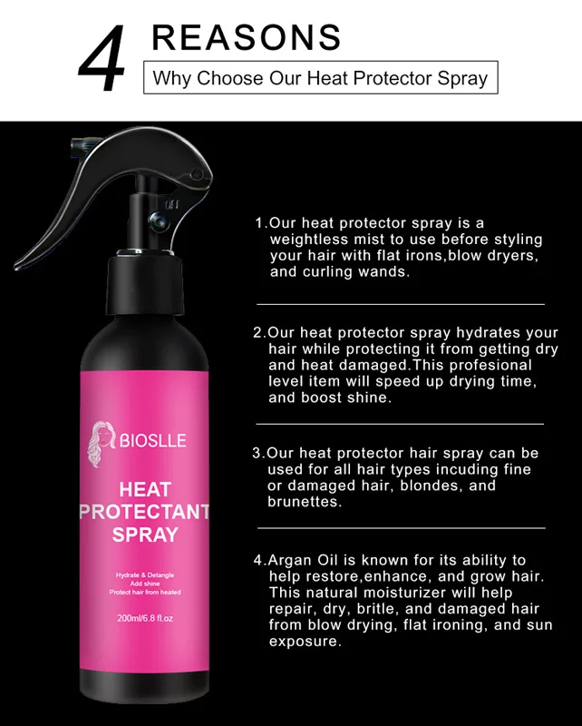 BIOSLLE 200ML 6.8oz Hair Heat Protectant Spray For Hair Protect from Flat Irons & Hot Blow Dry Frizz Control Making Shiny