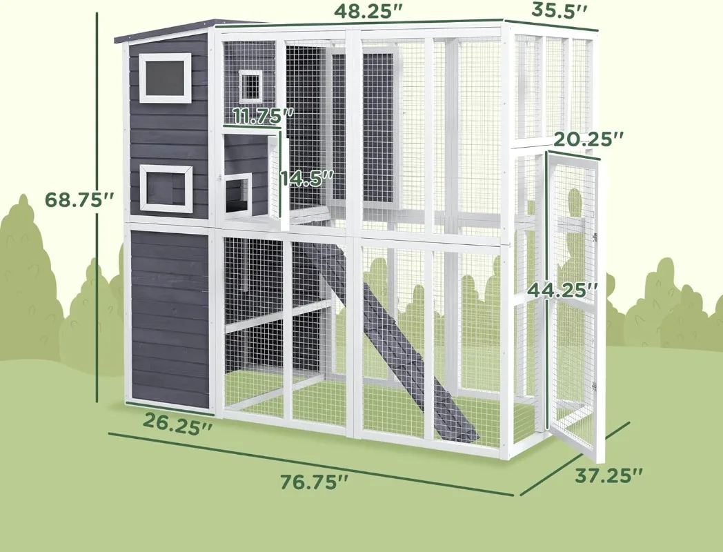 Outdoor Catio Cat House Wooden Feral Cat Shelter Cage with Platforms Waterproof Asphalt Roof Ramps 77" L Light Gray