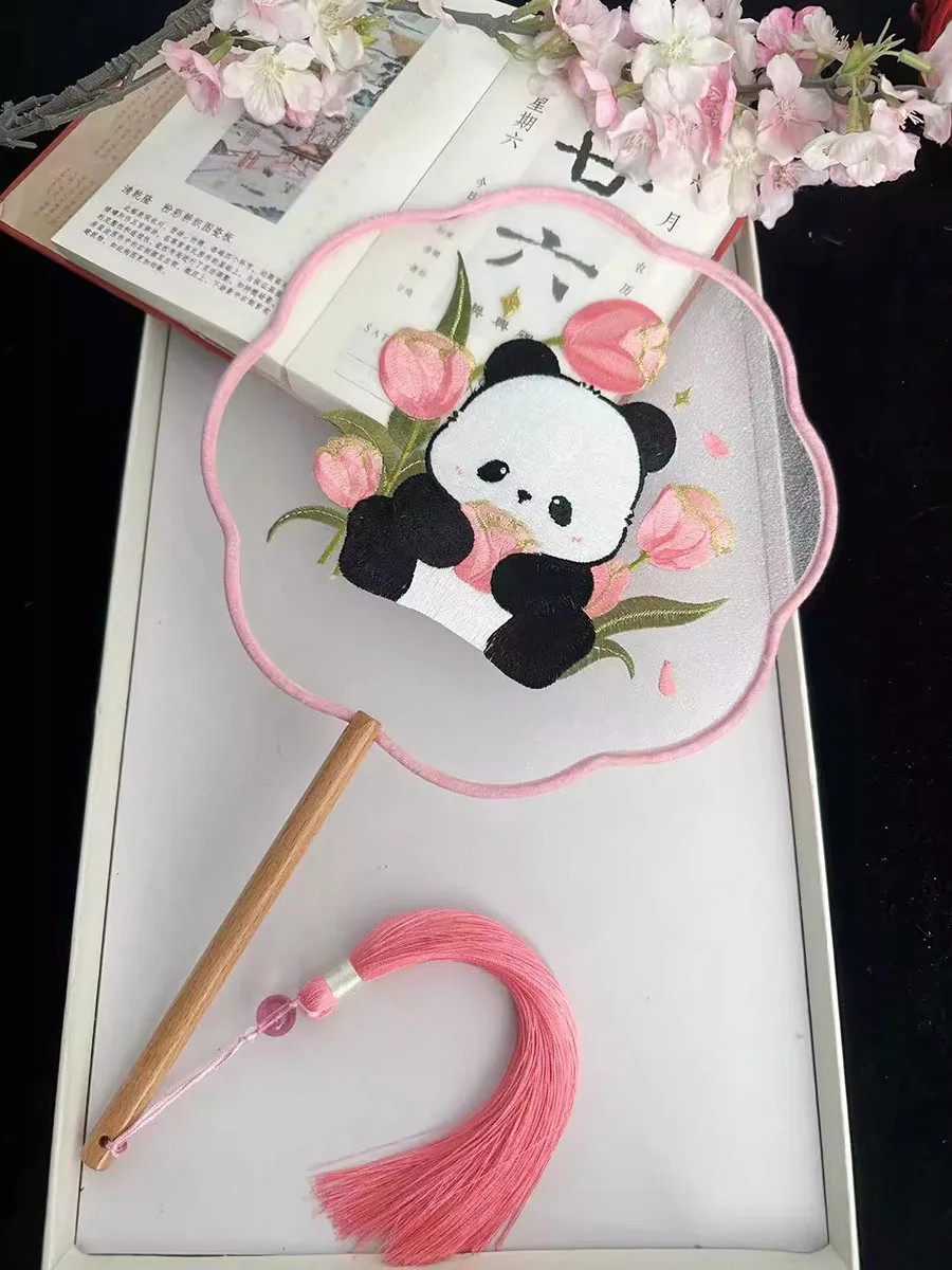 Chinese Style Embroidery Tassel Circular Fan, Double-Sided, Antique Dance Fan, Female Cheongsam, Tassel, Long Handle, Hanfu