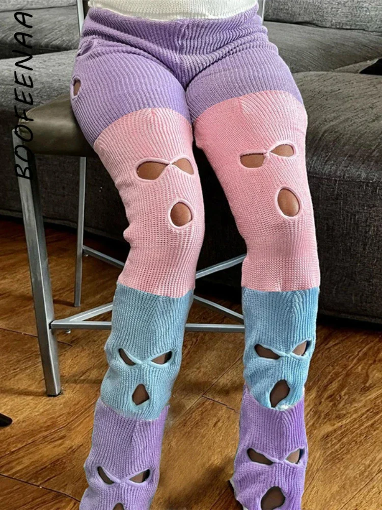 

BOOFEENAA Модные трикотажные брюки с вырезами для женщин, Осень-зима 2023, стрейч-брюки Y2k, женская уличная одежда