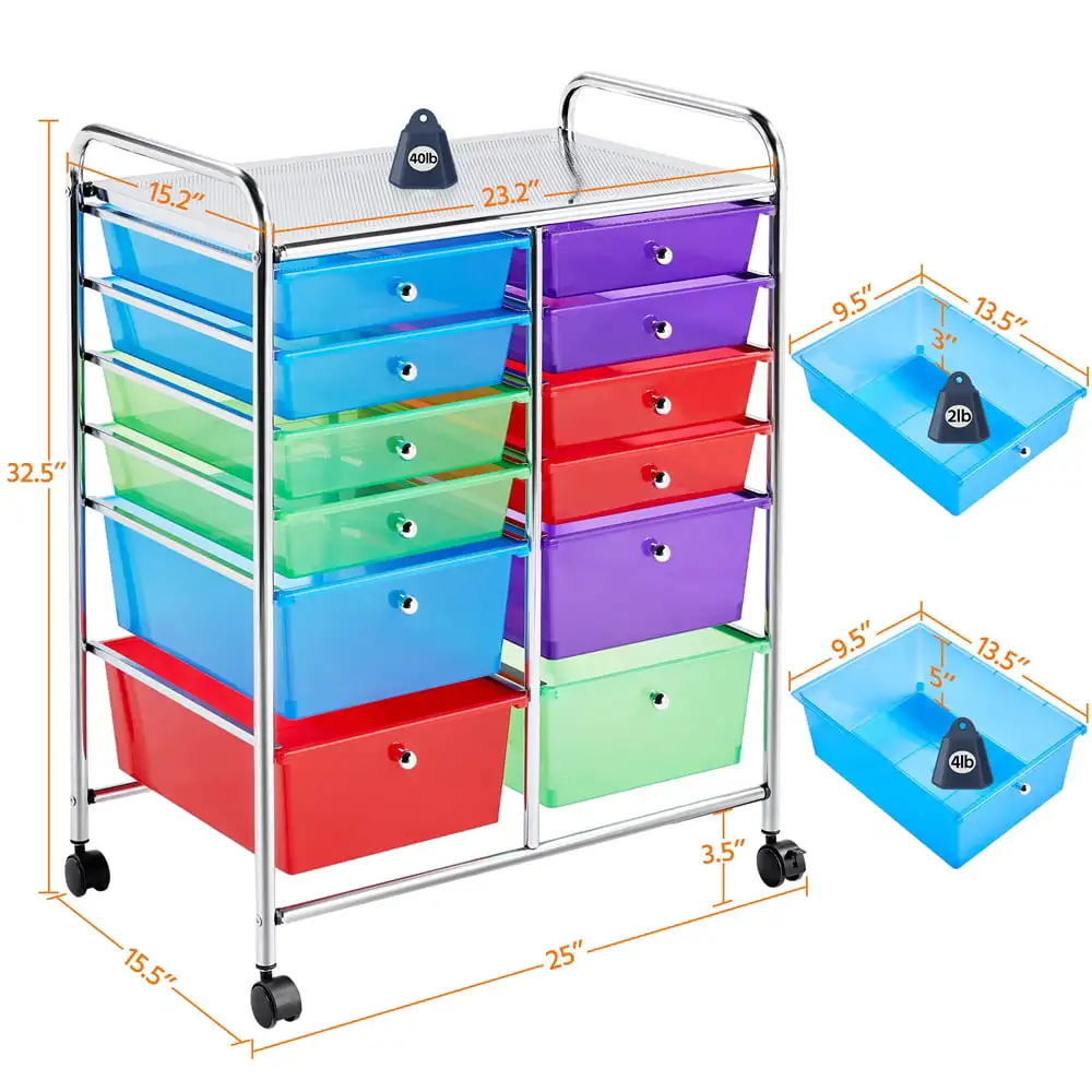 SmileMart 15 Drawers Metal Frame Storage Cart Rolling Bin Organizer Trolley  with Lockable Wheels, Multicolor 