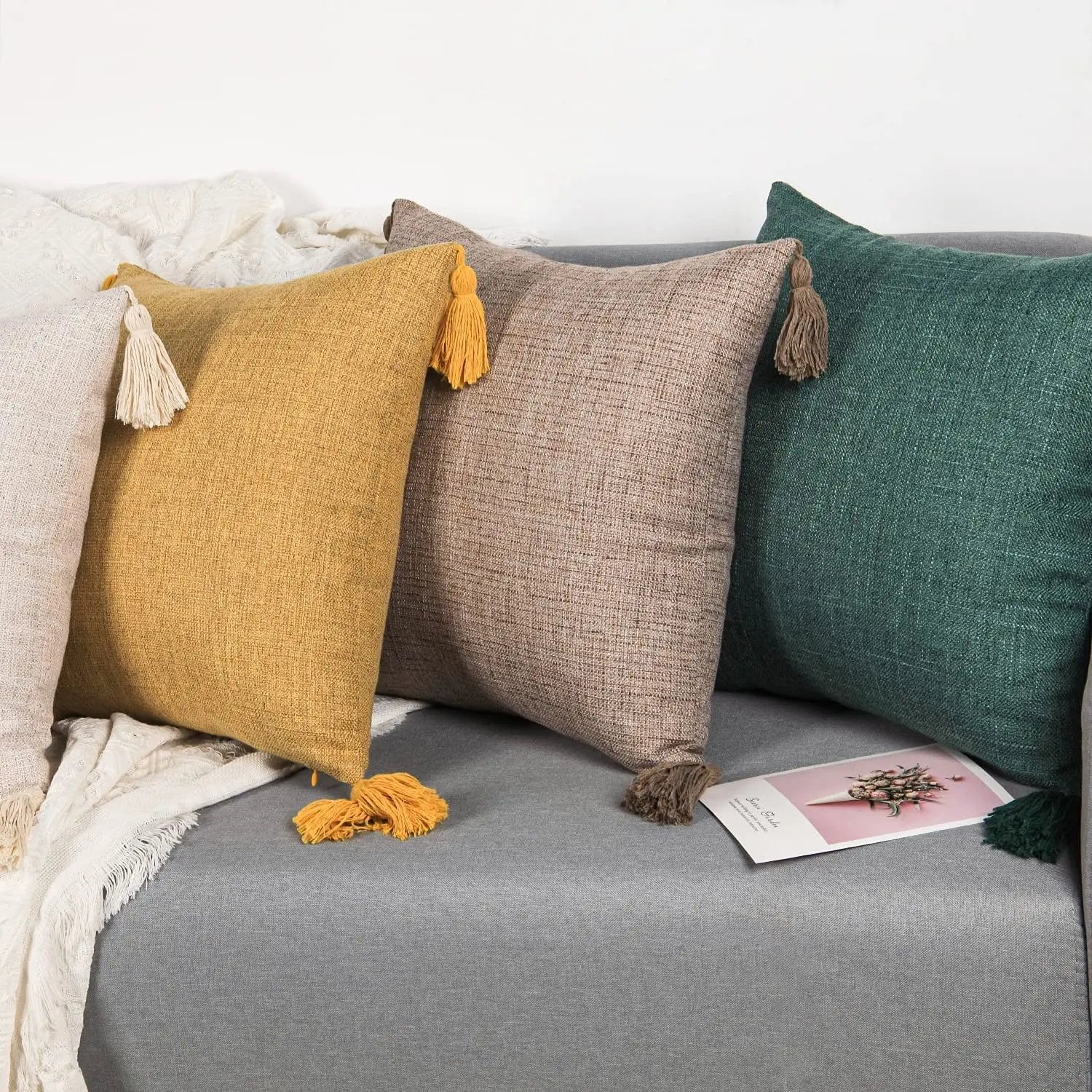 

Solid Linen Pillow/Cushion Covers European With Tassels Throw Pillow Sham 18x18 Home Decor Square Decorative for Couch Kids Bed