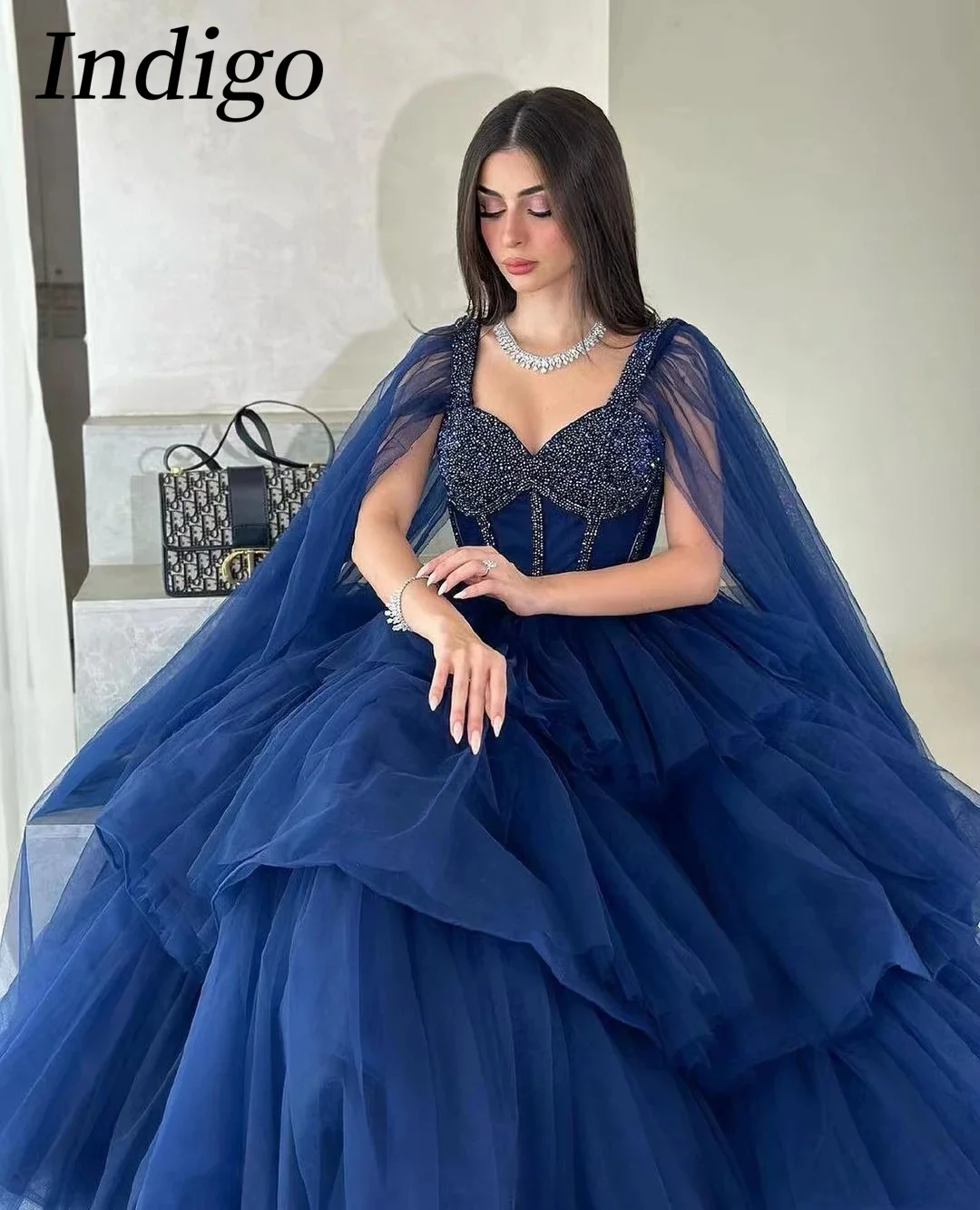 Indigo Navy Blue Luxury Tulle Prom Dress Sweetheart Beads Floor-Length A Line Formal Party Dress 2024 vestidos de fiesta sliver grey tulle off shoulder prom dress sleevesless sweetheart evening gown a line tea length vestidos de fiesta فساتين السهر