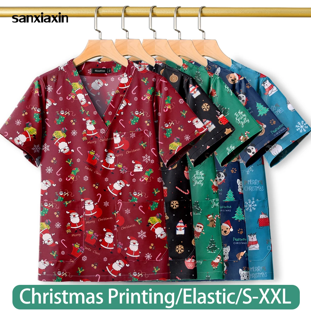 

Medical Nurse Working Uniform Cartoon Christmas Printing Scrubs Top Short Sleeve Blouse With 3 Pockets Clinical Workwear T-Shirt