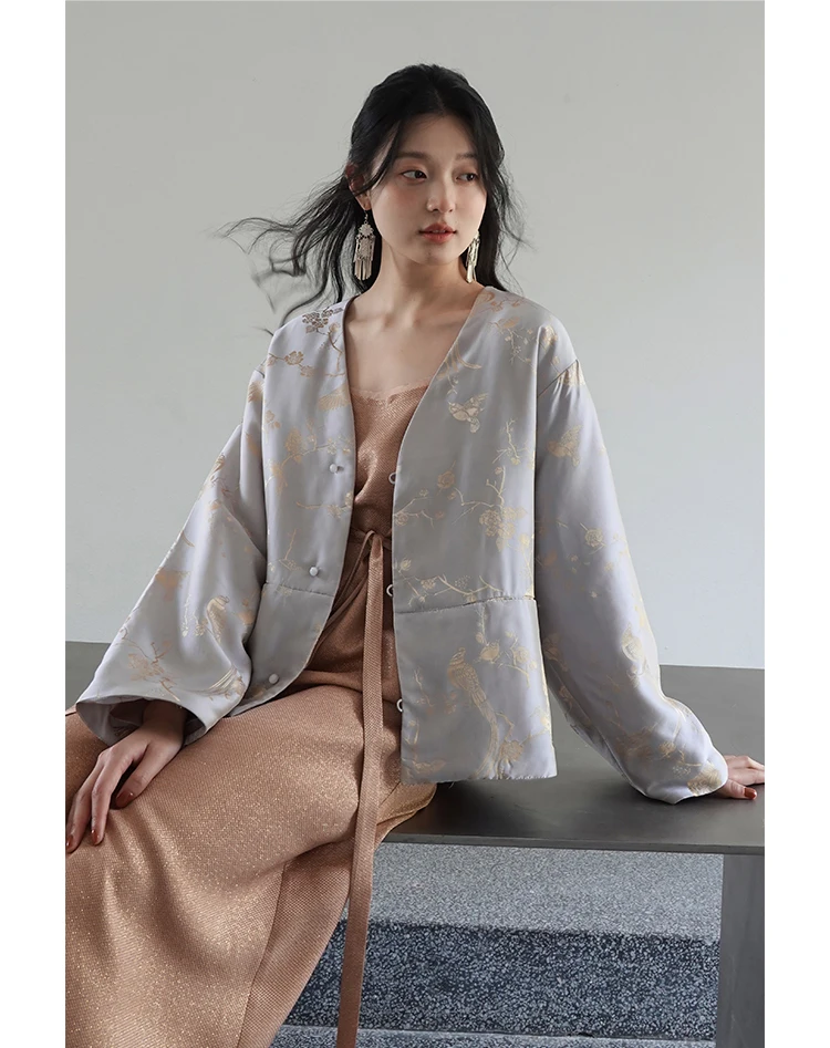 BirdTree 50% Mulberry Silk Shirt Coat Set for Women, Satin Jacquard Long Sleeve, Elegant Retro Top Sets, Spring S41093QM