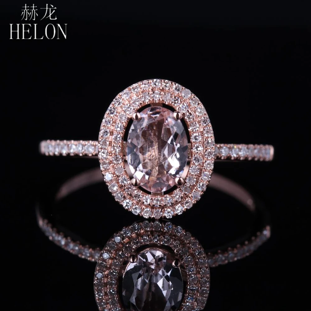 

HELON Solid 18K 14k 10k Rose Gold 5x7mm Oval Genuine Natural Morganite Diamonds Trendy Engagement Ring Women Fine Jewelry Gift