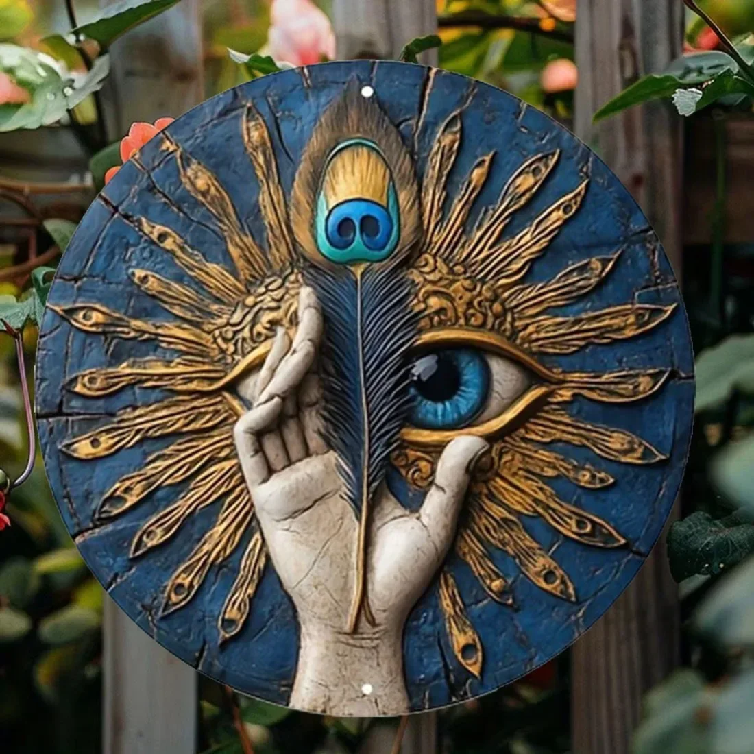 π Vintage Greek Evil Eye Wall Art β Blue & Gold Iron Tin Sign with Feather Detail 3