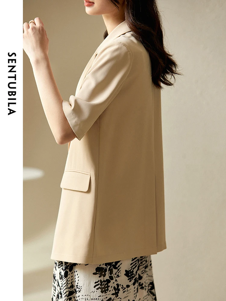 SENTUBILA Comfort Loose Short Sleeve Khaki Blazer 2024 Summer Simple Casual Notched Single Button Suit Jacket Ladies 131X49175X