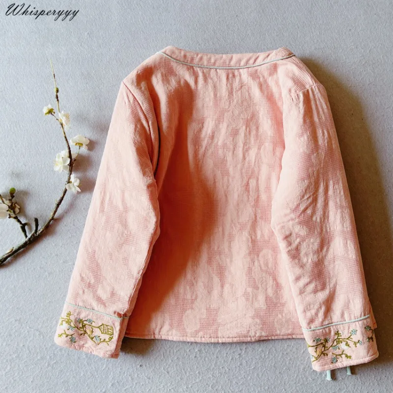 Chinese Style Embroidery Vintage Cotton and Linen Coat Women's Winter Hanfu Tops