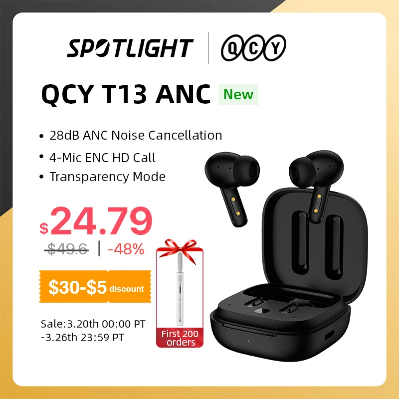  QCY T13 ANC Wireless Earphone TWS Bluetooth 5.3 Headphone Active Noise Cancellation Earbuds in-Ear 4 Mics ENC HiFi Earphones 