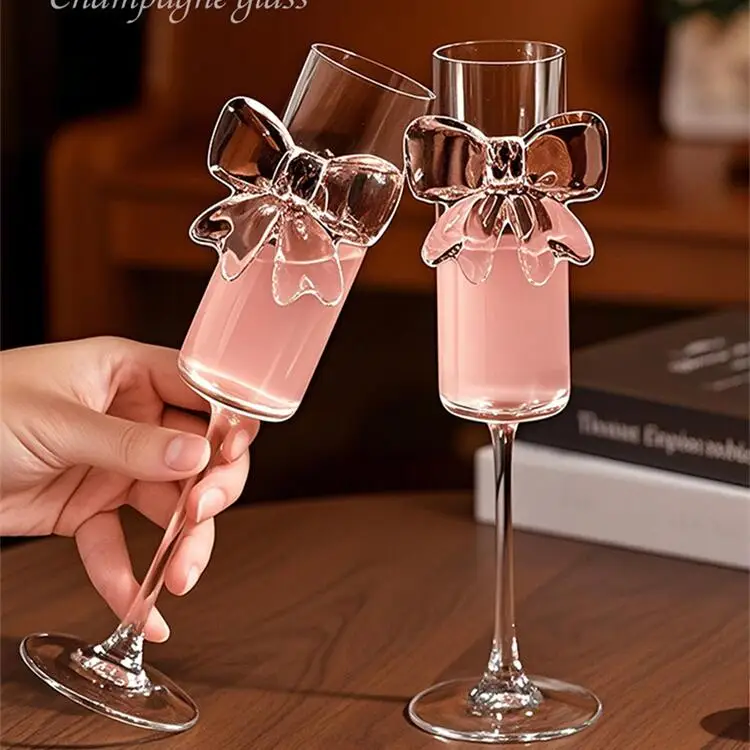 Pink Bow Goblet Glass Cup High Borosilicate Wine Glass Red Wine Bow goblet Valentine's Day romantic pink bow champagne cup