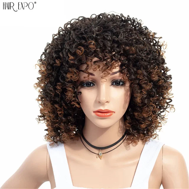 14inch Short Kinky Curly Wig Afro American Wigs for Black Women  Brown Mixed Blonde Synthetic Heat Resistant Wigs with Bangs SHL-006A