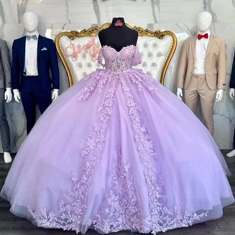 ANGELSBRIDEP Lilac Ball Gowns Quinceanera Dresses Vestidos De 15 Anos Applique Lace With Bow Princess Birthday Party Gowns