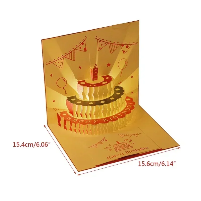 3D Musical Birthday Cake Card LED Light Pop-Up Greeting Cards Envelope All Occasion Girl Kid Wife Postcards