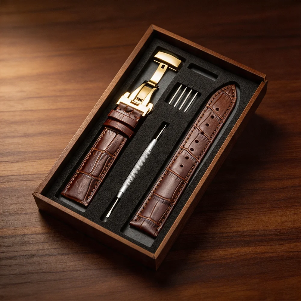 Luxurious Genuine Calfskin Leather Watch Strap with Butterfly Buckle - Available in Multiple Sizes