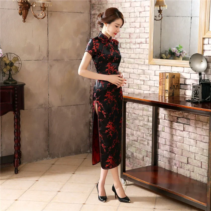 

Black Red Chinese Traditional Dress Women's Silk Satin Cheongsam Vintage Qipao Summer Short Sleeve Long Dress Flower