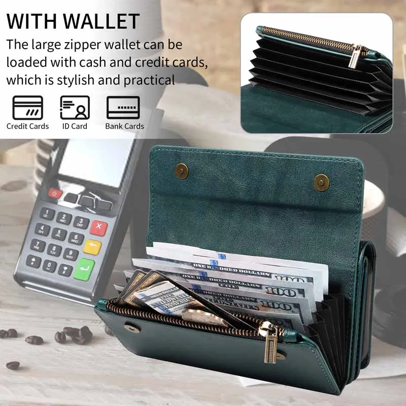 Leather Wallet Case with Multi Card Slots and Zipper Flip Cover