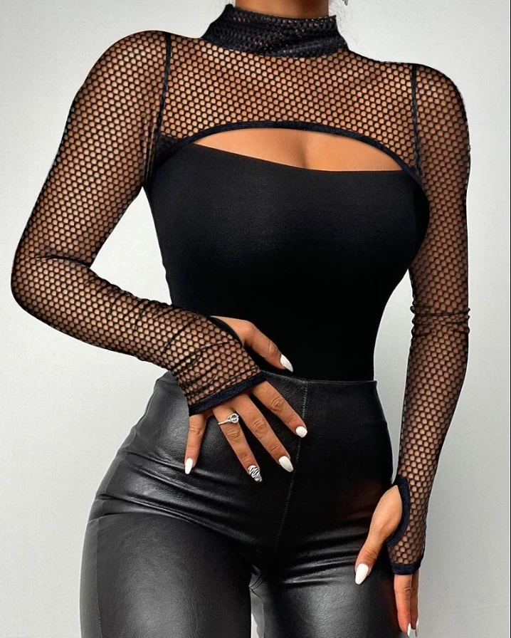 

Women's Tee Tops Daily Casual Fashion Elegant Sexy Solid Color Contrast Mesh Cutout Mock Neck Long Sleeve Skinny Blouse Top