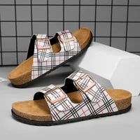 Retro Checked Slippers For Man Unisex Size 36-46 Buckle Cork Sandals Man Slides Beach Casual Men's Summer Sandals sandale homme