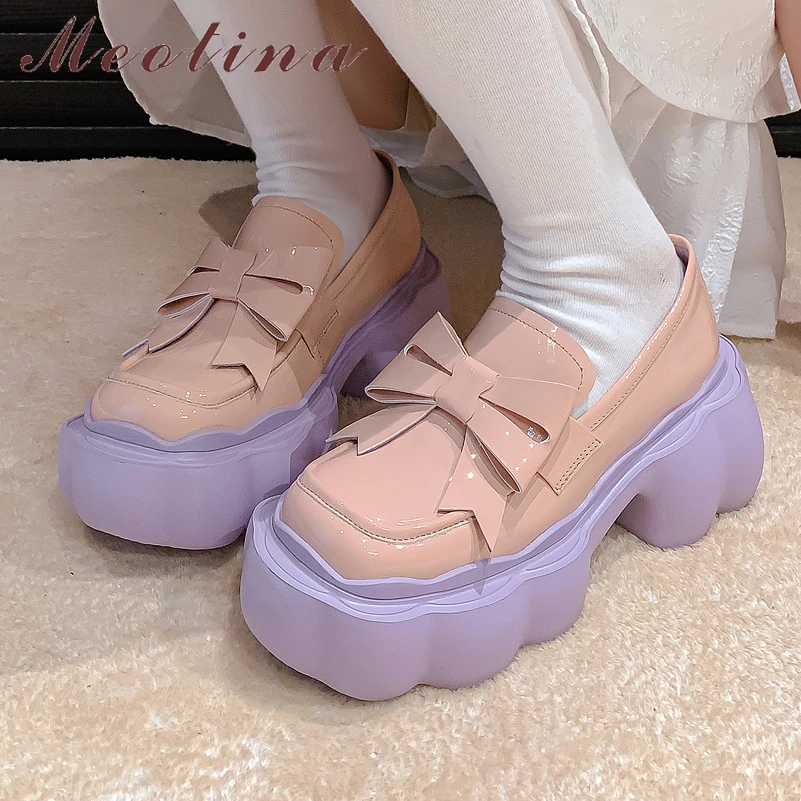 

Meotina Women Patent Leather Loafers Round Toe Platform Chunky High Heels Mixed Colors Bow Ladies Fashion Shoes Spring Autumn
