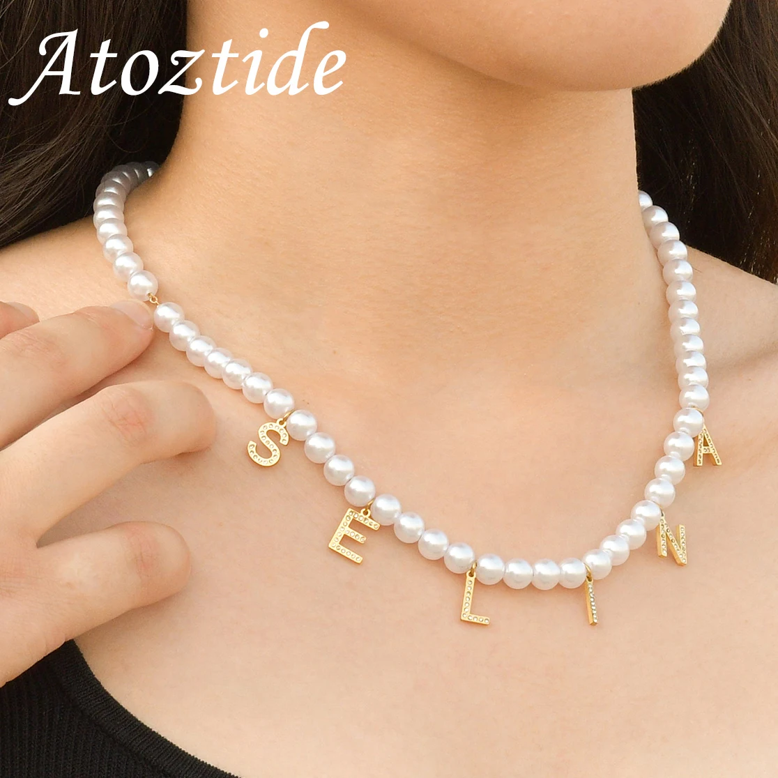 

Atoztide Personalized Custom Name Necklace Zircon Letter Pendant Stainless Steel for Women Men Beads Chain Birthday Jewelry Gift