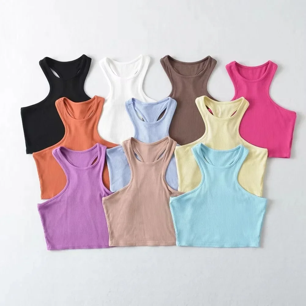 

Women Vests Summer Backless Crop Tanks Clothing Threaded Solid Color Navel Slim Fit American Style Tops Sexy Sleeveless Tshirts