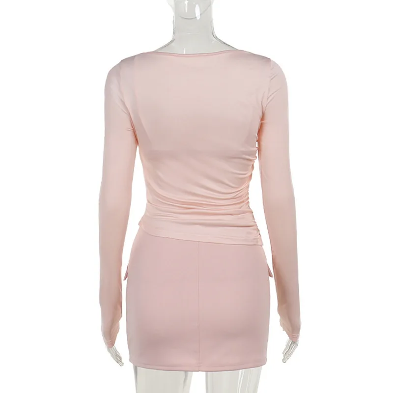 JULISSA MO Patchwork Round Neck 3 piece Sets Women Skirt Suit Pink Long Sleeve T-shirt Mini Skirt Autumn Slim Elegant Skirt Sets