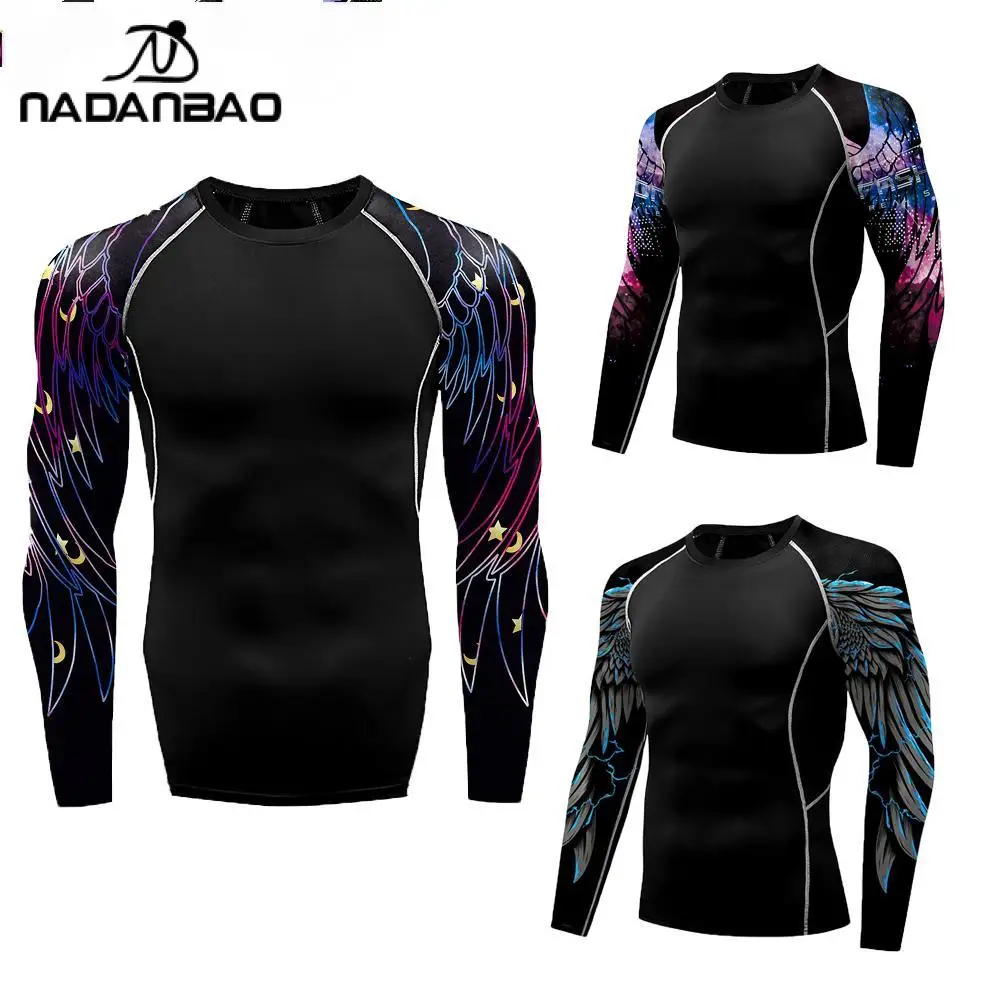 NADANBAO Men Rash Guard Surfing Diving Tee Swimwear Tight Long Sleeve Printed Shirt Swimming Compression Fitness Tops Swimsuit