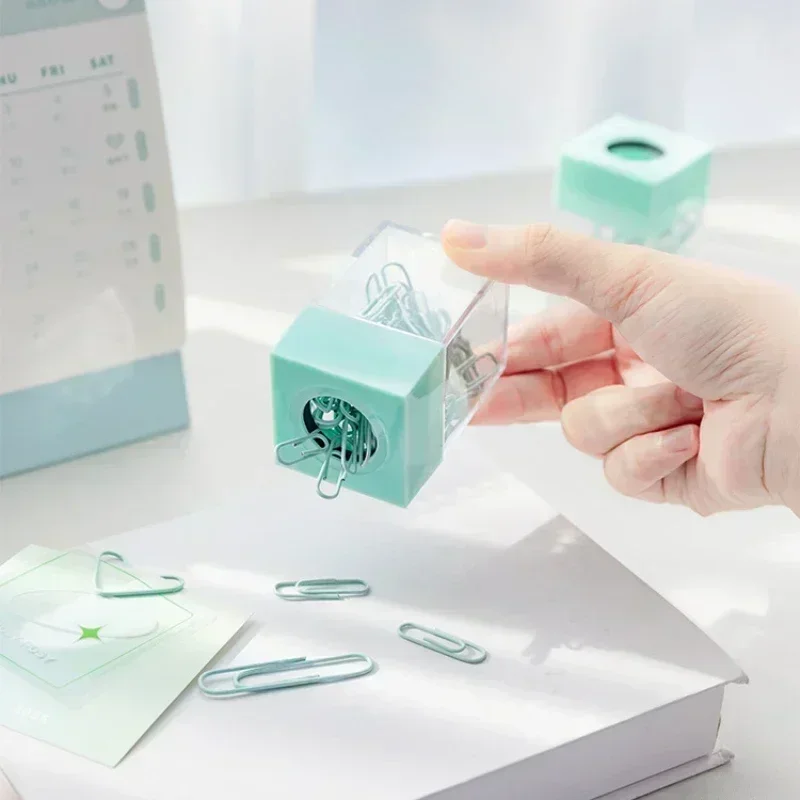 Macaron Color Creative Magnetic Paper Clip Holder Office School Paperclips Transparent Storage Box With 18pcs Paper Clips 1Pc