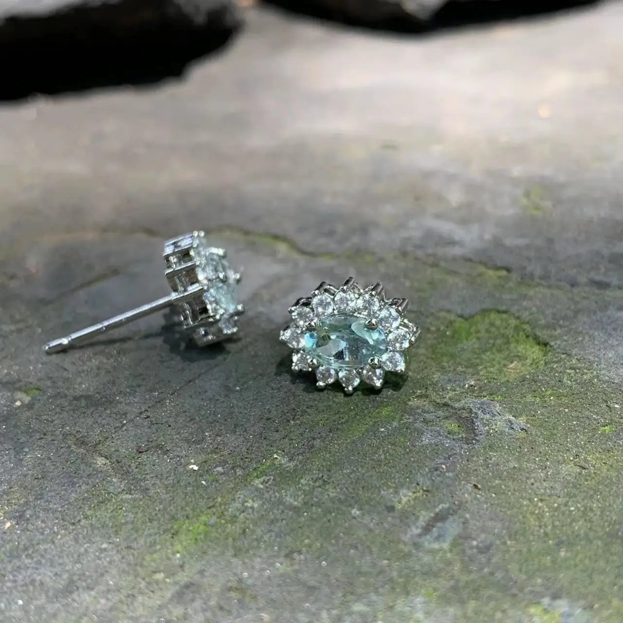 Genuine Natural Blue Topaz 925 Sterling Silver Stud Earrings for women Jewelry Gift  1.4ct Ocean Blue Topaz Oval Pave CZ