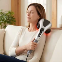 Dual-Head Handheld Electric Massager with Infrared Heat, Strong Vibration, Stepless Speed Control, Replaceable Massage Heads, 4