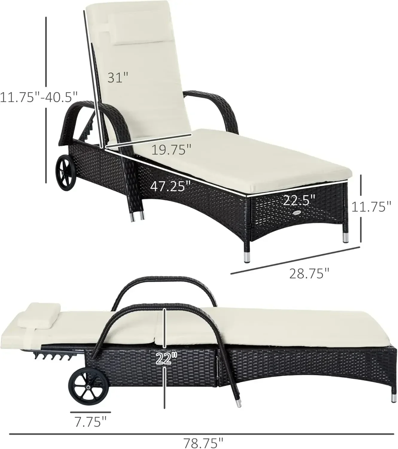 --NewWicker Outdoor Chaise Lounge,5-Level Adjustable Backrest PE Rattan Pool Lounge Chair with Wheels, Cushion & Headrest,Cre