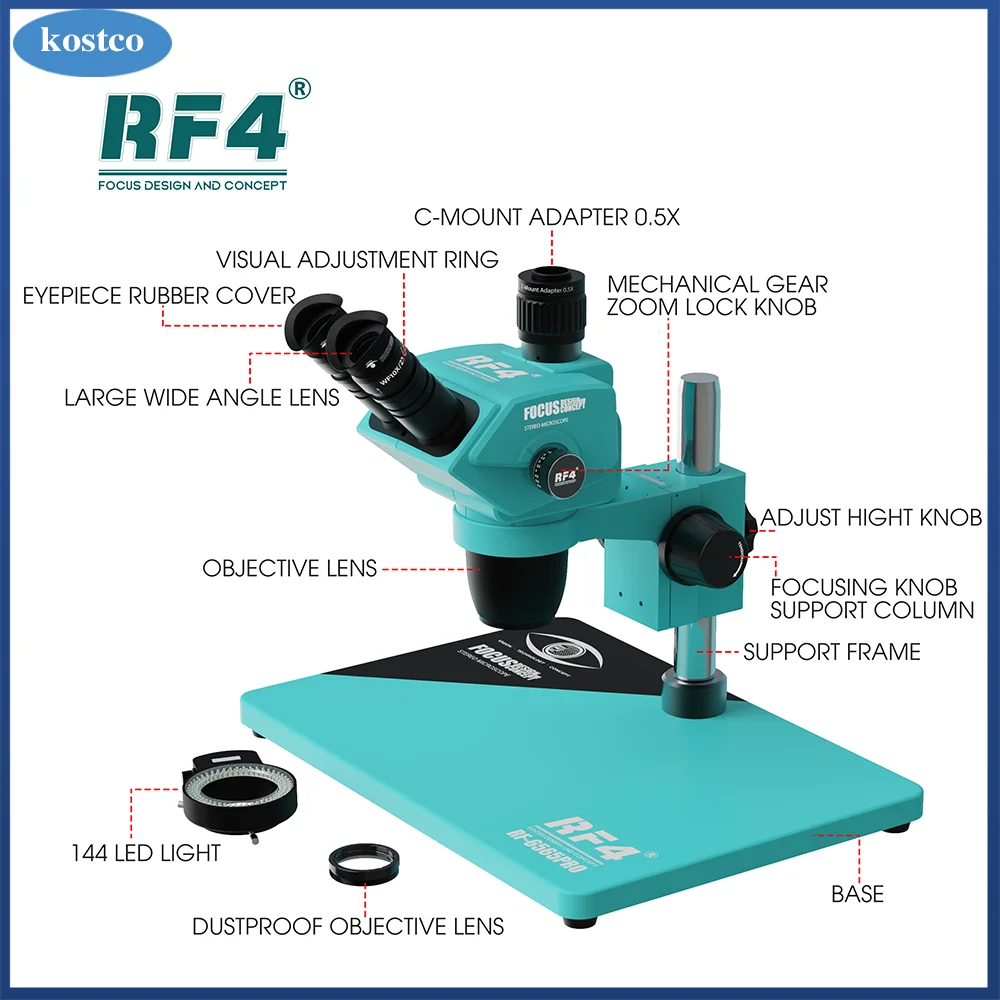 

RF4 RF-6565PRO HD Trinocular Stereo Microscope Nine-speed Zoom Lock Button Adjustable Eyepiece Multilayer Lens Dustproof
