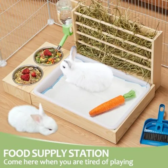 4 in 1 Rabbit Hay Feeder with Litter Box Small Animals Hay Rack with Water Bottle and 2 Bowls Wooden Bunny Hay Holder Feeder To