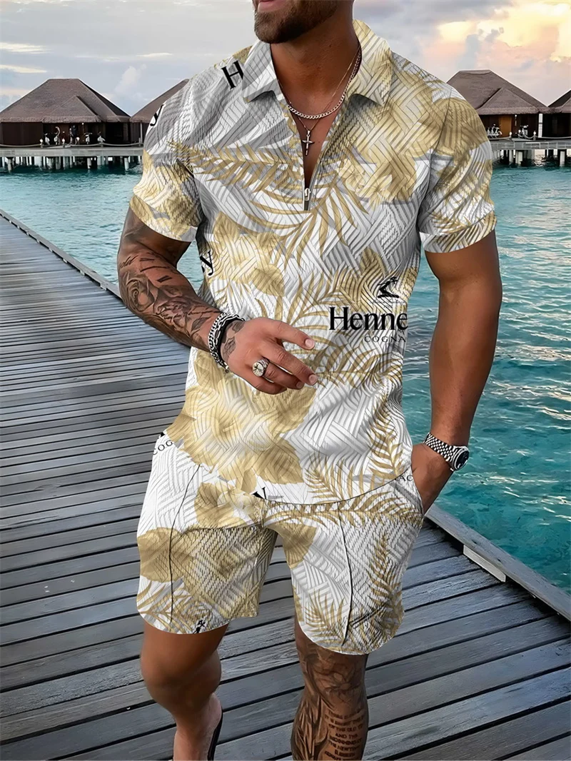 

Men's Tracksuit 2 Piece Set Classical Print 3D Polo Shirt Short Sleeve T Shirt and Shorts Fashion Man Clothing Zip-Up Polo Shirt