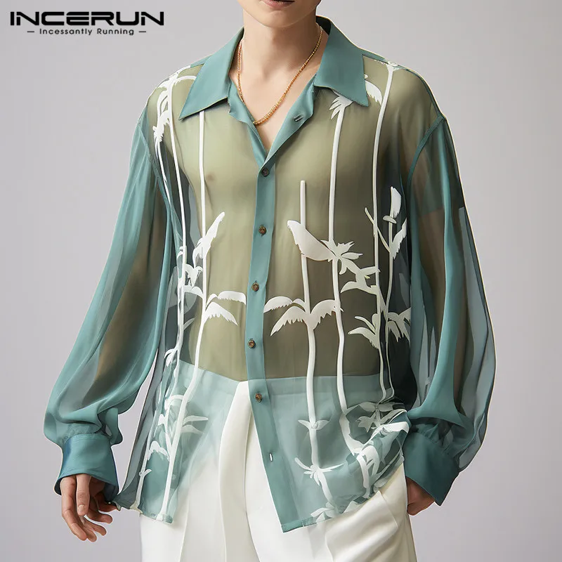 

INCERUN Tops 2024 Korean Style Handsome Mens Chiffon Printed Perspective Shirts Casual Streetwear Thin Long Sleeved Blouse S-5XL