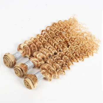 P27/613 Deep Wave Bundles Human Hair Unprocessed Brazilian Virgin Weave Hair 100% Human Hair Extensions Honey Blonde 3 Bundles 1