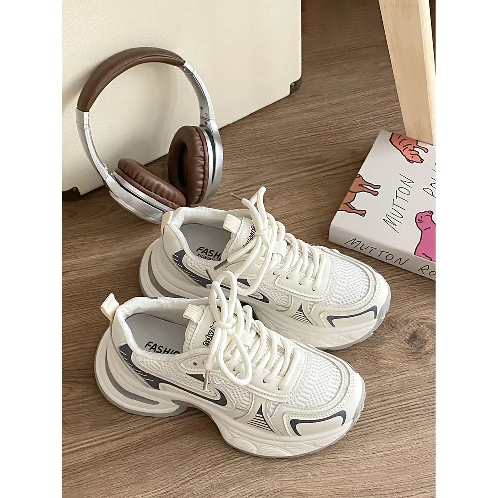 2024 Spring New Leather Breathable Women Casual Shoes Silver Mesh Thick Sole Soft Sole Ultra Light Sports Running Shoes 24-139