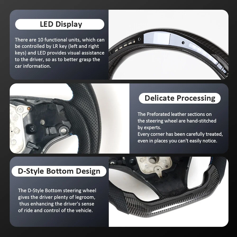 BMW E90 E92 E93 M3 328i SSG 2005-2012용 카본 파이버 LED 스티어링 휠, 패들 홀이 있는 천공 가죽 스티어링 휠