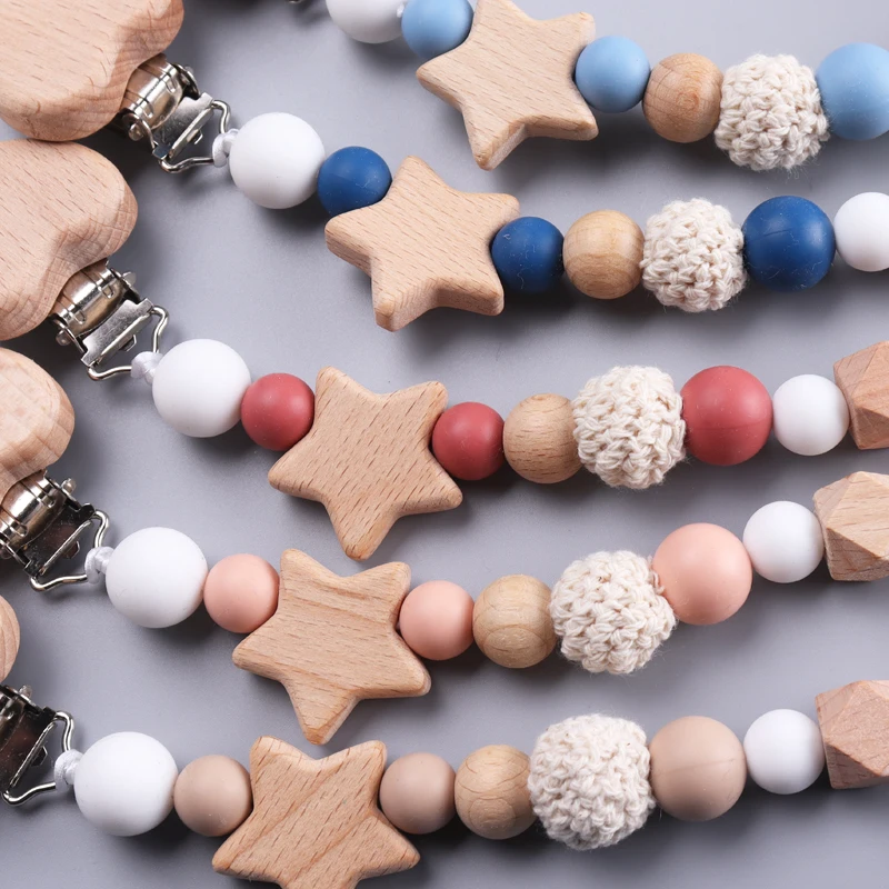 Baby Wood Crochet Round Bead Pacifier Chain Wooden Heart Dummy Holder Clip For Baby Teether Teething Chain Nursing Chew Toy Gift pacifier clip pacifier chain pacifier accessories