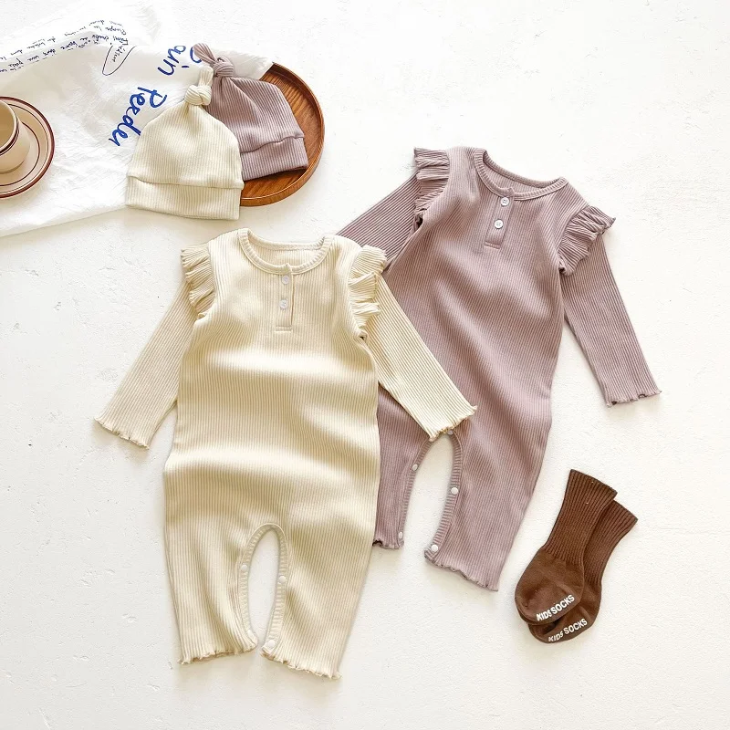 

INS Autumn Baby Girl Romper 0-3Years Newborn Kids Solid Color Long Sleeve O-Neck Ribbed Cotton Jumpsuit Hat 2PCS Outfits Clothes