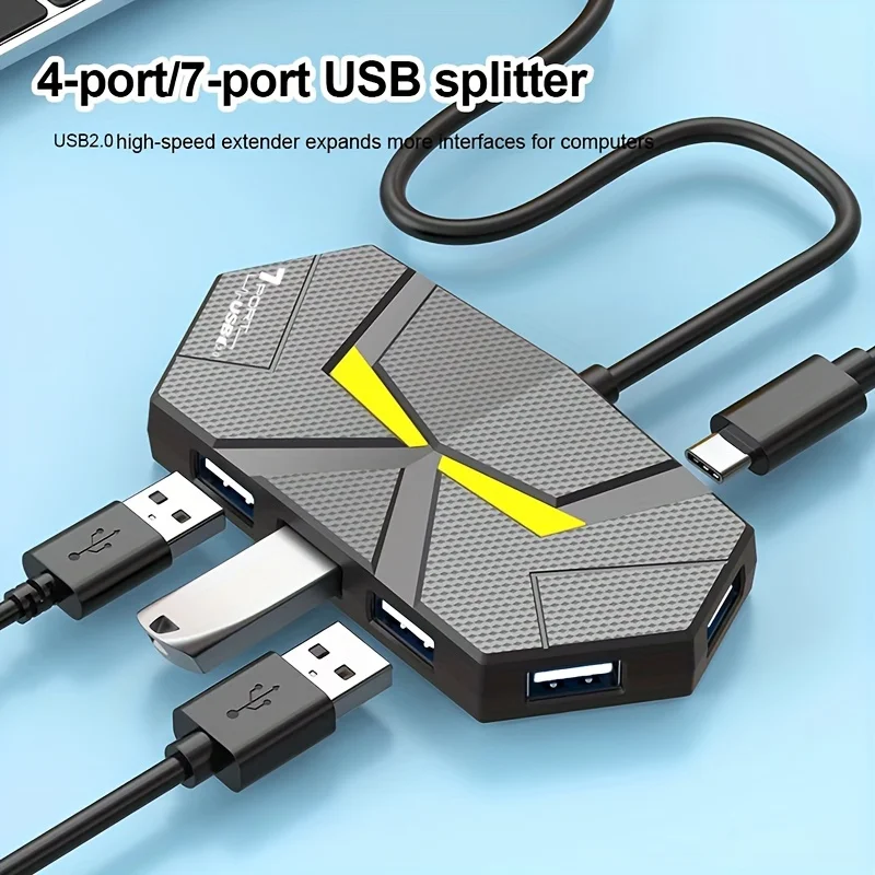 4/7-Port USB Data Hub with Colorful Lighting for Enhanced Connectivity